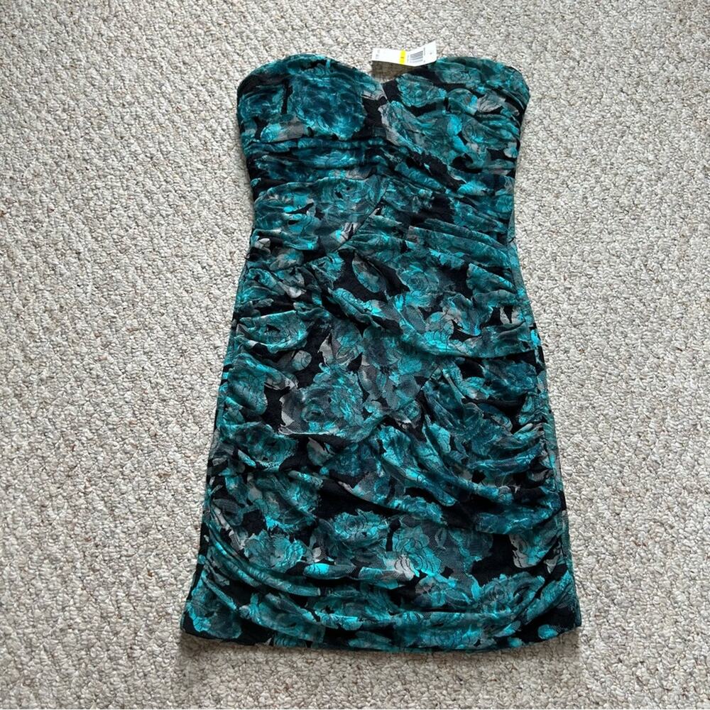 Bailey Blue Strapless Floral Bodycon Dress Womens M Sweetheart Black Blue Boning